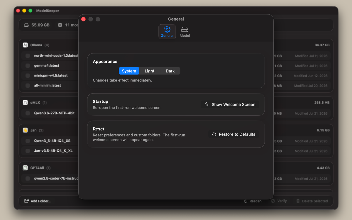 Preferences General tab showing appearance, welcome screen, and reset controls