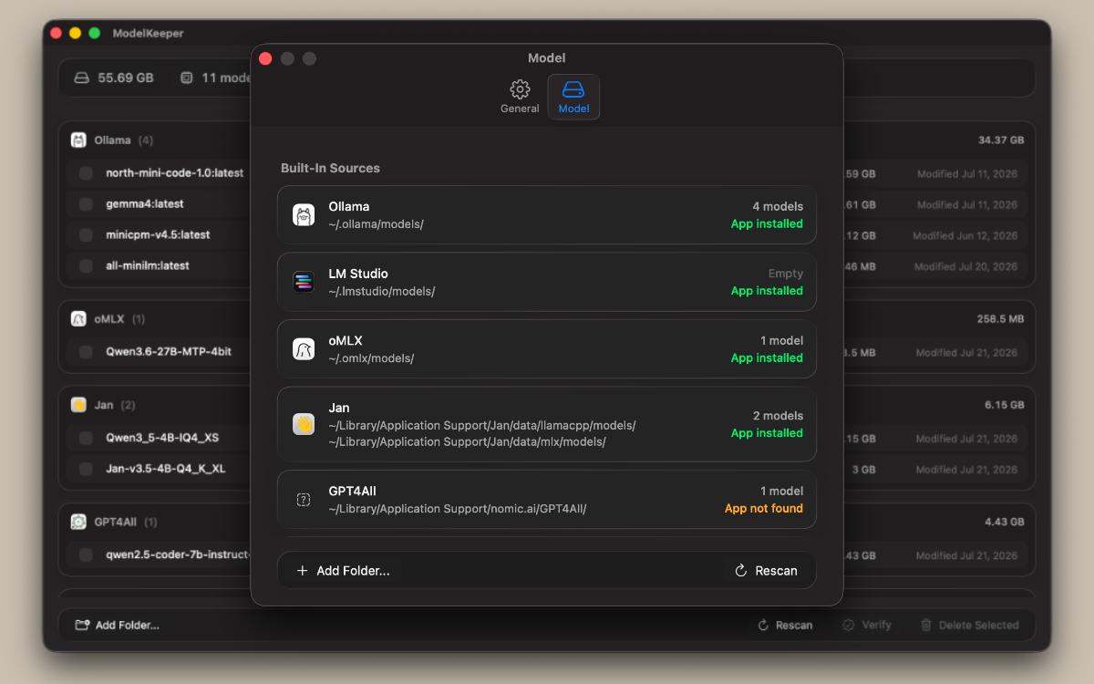 Preferences Model Sources tab showing every source with install status