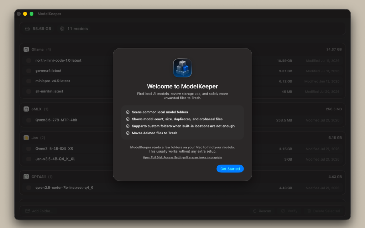 Welcome screen with app icon and Full Disk Access link