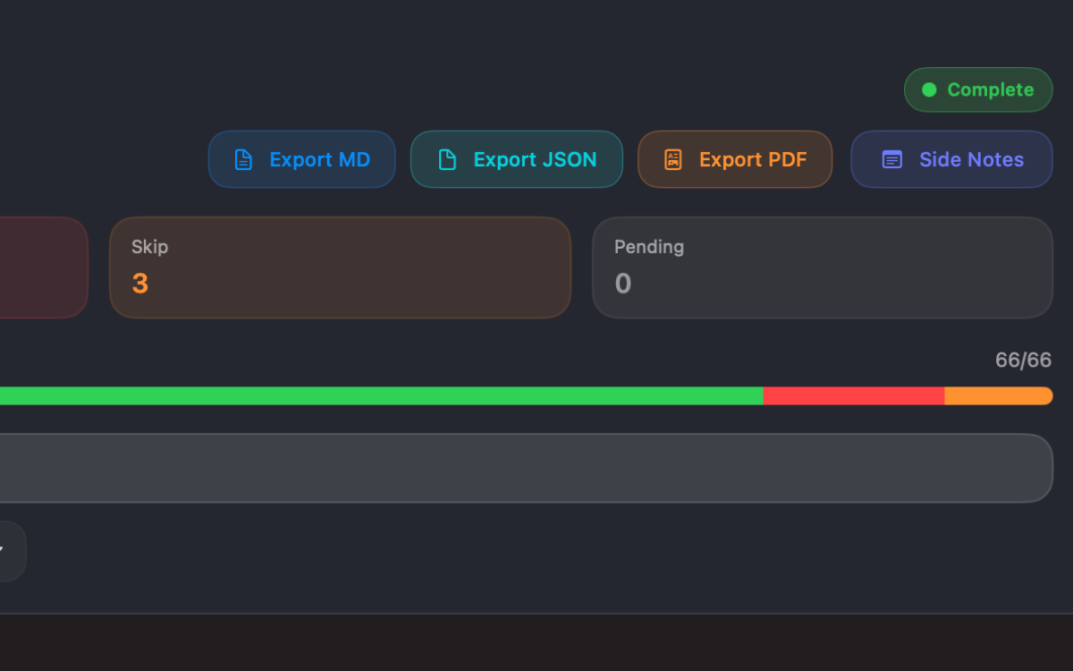 Export menu showing MD, JSON, and PDF export buttons