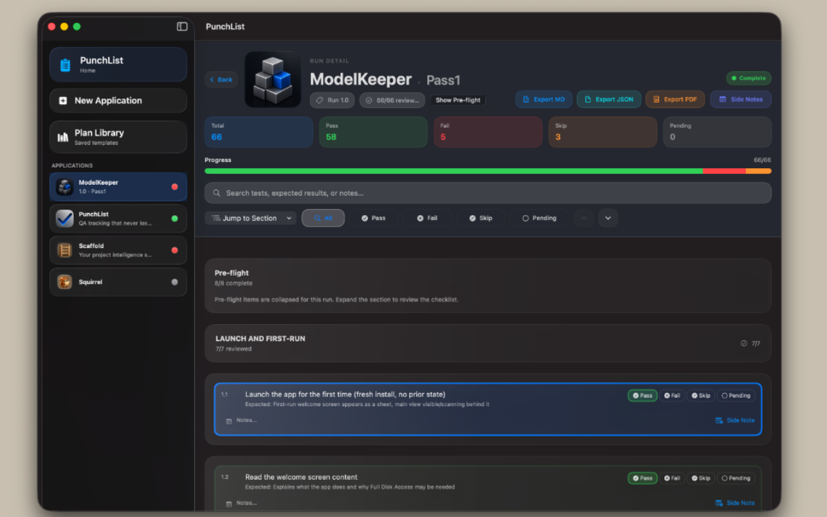 Run detail view showing test rows with status pills and keyboard focus highlight